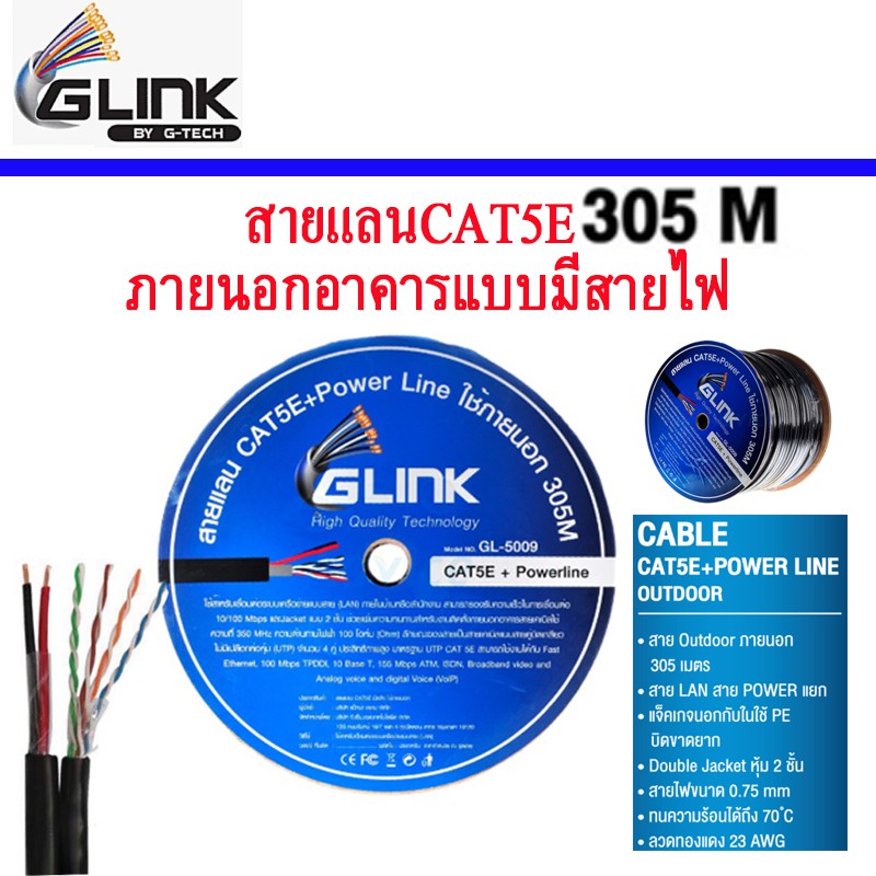 สาย LAN CAT5E UTP Cat5e Outdoor +ไฟ2ยาว300เมตรภายนอกGLink Lan Cable