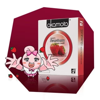 Okamoto Strawberry ถุงยางอนามัย กลิ่นสตรอเบอร์รี่ ผิวเรียบ ขนาด 53 มม. บรรจุ 1 กล่อง (2 ชิ้น)