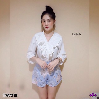 (7319) Set 2 ชิ้น เสื้อคอวีแต่งระบายแขนยาวจั้มปลาย