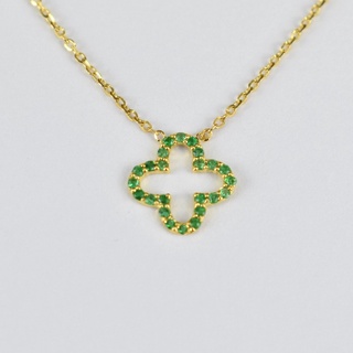 สร้อยคอทองคำ 18K สี Yellow gold รูปใบ Clover ฝังพลอย Emerald แท้ประจำวันเกิดของผู้ที่เกิดวันพุธ