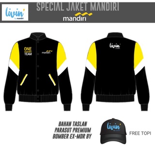 เสื้อแจ็กเก็ตบอมเบอร์ ลายโลโก้ bang Livin by mandiri ฟรีหมวก สําหรับผู้ชาย และผู้หญิง