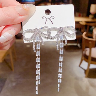 Jewtrendy - ต่างหูระย้าโบว์คริสตัล แบบเจาะ Sterling Silver 925