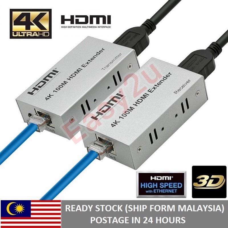4K HDMI Extender 100M Over Single Cat5e/Cat6 Ethernet Cable สูงสุด 100M 4K 30Hz หรือ 1080P 60Hz HDMI