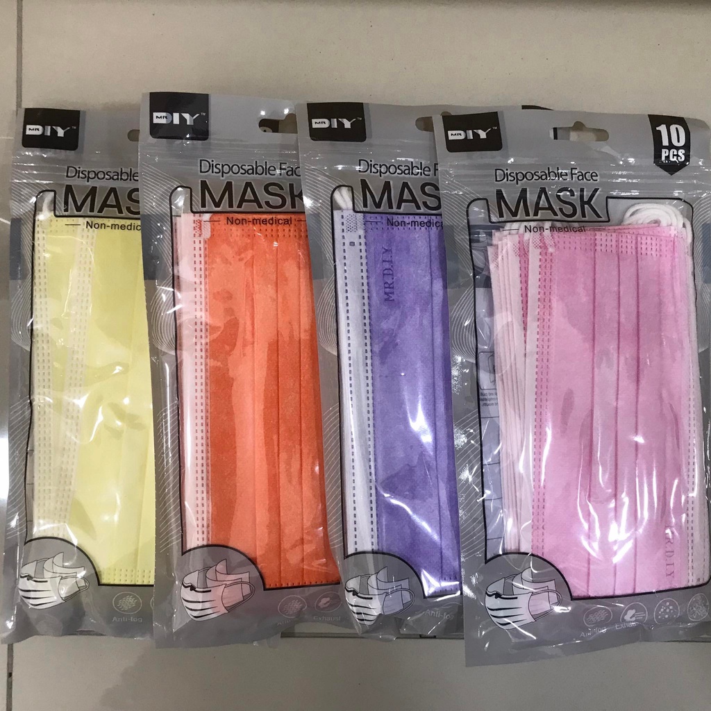 หน้ากากอนามัย สีสดใส แพ็ค10ชิ้น (เหลือง,ส้ม,ม่วง,ชมพู) 10PCS Disposable Face mask MR.DIY