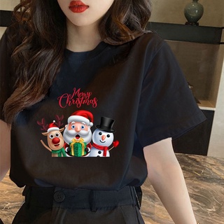 เสื้อยืดแขนสั้น เสื้อคู่รัก เกาหลีเสื้อยืดขนาดบวกคอกลมการ์ตูนคริสมาสต์รูปแบบการพิมพ์เสื้อยืดเสื้อยืดขน