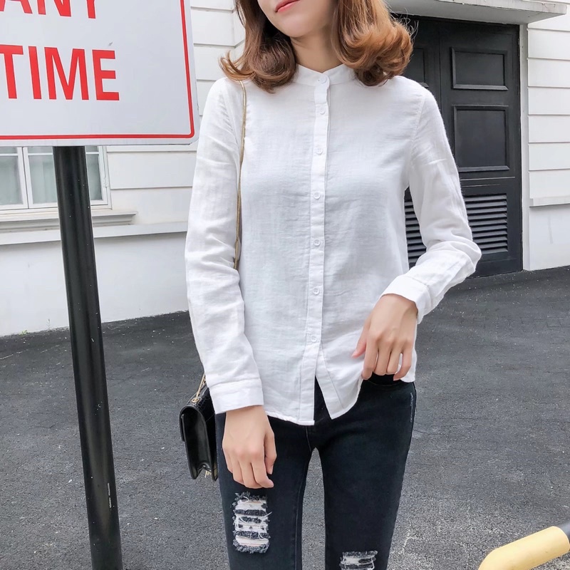 [ฟ้า,ขาว,กรม] เสื้อเชิ้ตคอจีน แขนยาว 37-44“ ไม่มีกระเป๋า ผ้าฝ้ายสาลู 2ชั้น เสื้อทำงานผู้หญิง สไตล์ญี่ปุ่น by HerbieStyle