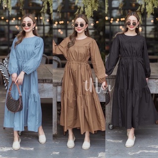 🌈🌿🌸🌺🌼🧡💙🤎🇰🇷Cotton Maxi Dress Long Sleeve Pull Waist🇰🇷🤎💙🧡