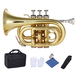 (pre order) Mini Pocket Trumpet Bb Flat พอกเก็ต ทรัมเป็ต บี แฟลท พร้อม กล้องโฟมหุ้มกํามะหยี่ + อุปกรณ์ทำความสะอาด