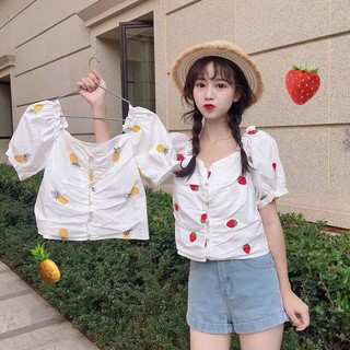 ครอปปักผลไม้ K Newwwww 🍓🍍 พร้อมส่ง เสื้อครอปผ้าเชิ้ตคอตตอนปักลายผลไม้