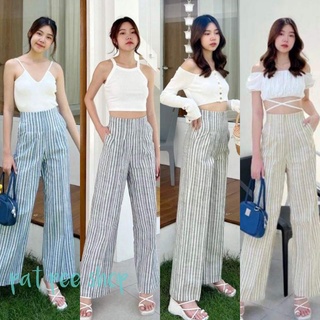 Linen trouser ⚓กางเกงเอวสูงขากระบอกกลาง ผ้าลินินผสมฝ้าย ทอลายริ้วสีทู-โทน ไม่มีขอบเอว เนื้อผ้าเบา สวมใส่สบาย มี4สี/4ไซส์