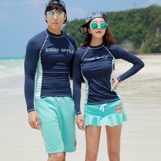(M-3XL)ชุดว่ายน้ำคู่รัก แขนยาว+กางเกงกระโปรง Sugar Apple สีน้ำเงิน-ฟ้า   #8030