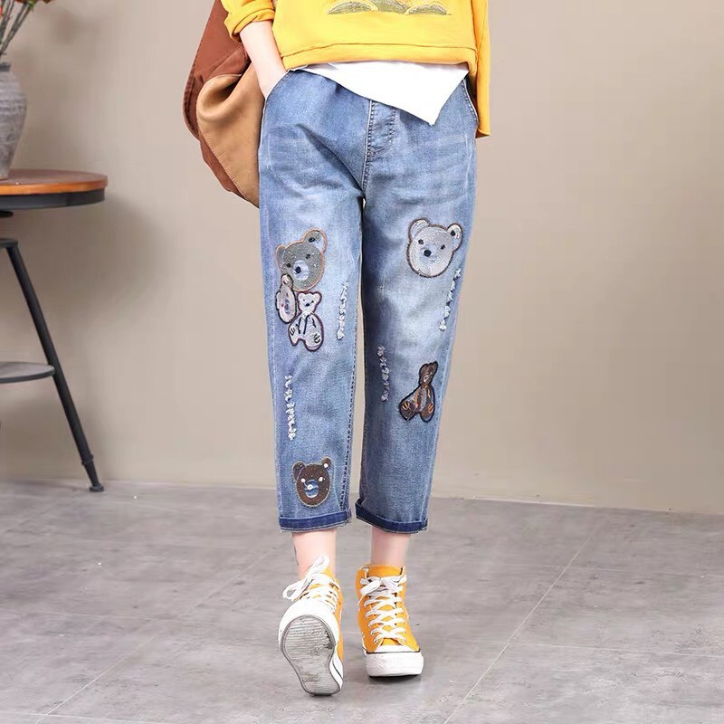 กางเกงยีนส์เกาหลี งานปัก กางเกงยีนส์ผู้หญิง เอวยืด น่ารัก สีไม่ตก