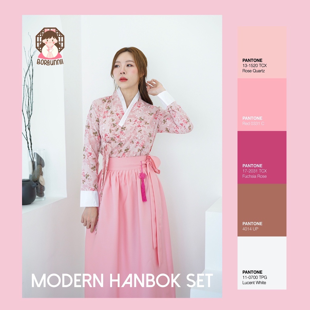 [Boraunnii] [Soyou โทนชมพูหวาน] ชุดฮันบกประยุกต์ ลายดอกไม้ Summer พร้อมส่ง แถมพู่ Modern Hanbok