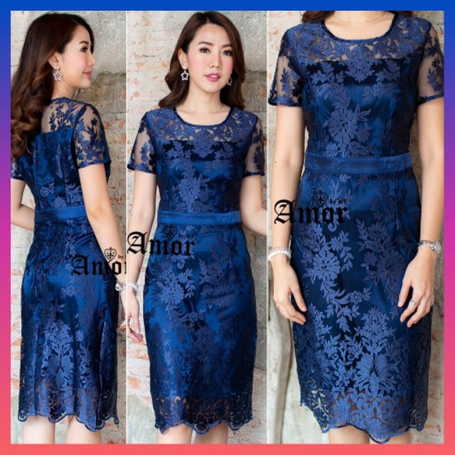 M - 3XL งานป้าย เดรสลูกไม้ แขนสั้น cop dress ชุดเดรส ชุดออกงาน เดรสผู้หญิง สาวอวบ สีกรม เสื้อผ้าสาวอ