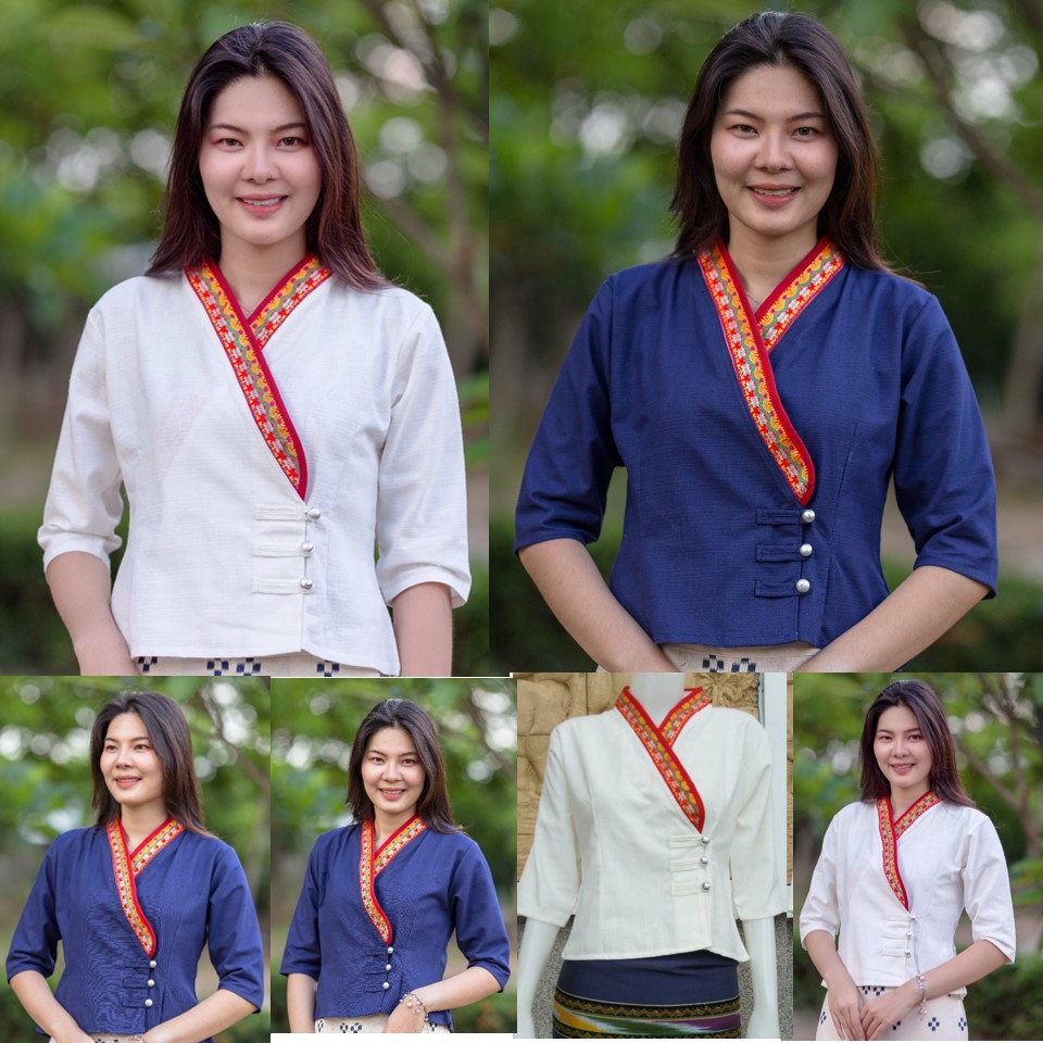 เสื้อผ้าชินมัยสีขาวและสีกรมท่าแต่งเทปผ้าทอลายมังกร เสื้อพื้นเมือง เสื้อผ้าชินมัย