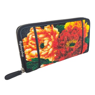 กระเป๋าสตางค์หนังปลากระเบนผู้หญิงซิปเดี่ยว พิมพ์ลายดอกไม้หลากสี หนังแท้ ใส่ธนบัตร บัตรATM หนังแท้100%