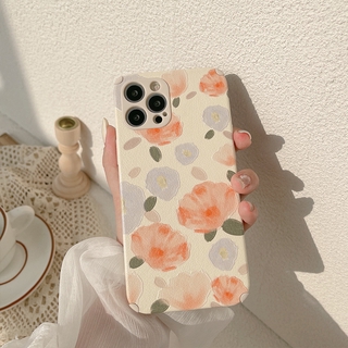 เคสโทรศัพท์ ซิลิโคน หนังเทียม พิมพ์ลายดอกไม้ สไตล์เรโทร สําหรับ iPhone 11 Pro Max X Xr Xs Max 7 8 Plus Se 2020 12 Pro Max 12 Mini