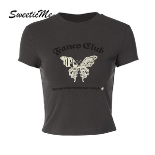 Sweeticme ใหม่ เสื้อยืดครอป เข้ารูป พิมพ์ลาย สําหรับผู้หญิง 2022