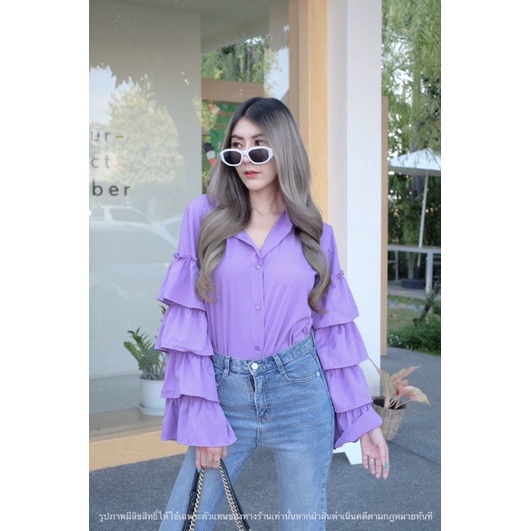 งานป้าย เสื้อเชิ้ตคอปกกระดุมหน้าแขนจับจีบระบาย4ชั้น สาวอวบใส่ได้ เสื้อเชิ้ตคอปกแขนระบาย