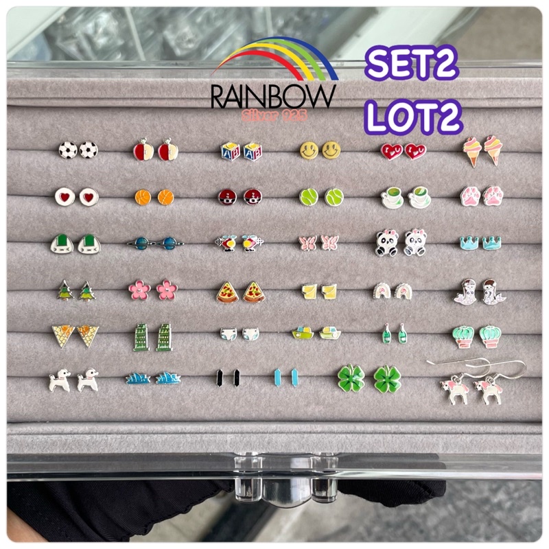 [RainbowSilver] SET2 ต่างหูเงินแท้925 สีสันน่ารัก ฟรุ้งฟริ้ง ต่างหูใบโคเวอร์ พร้อมแป้นเงินแท้มีตอก925 LOT2