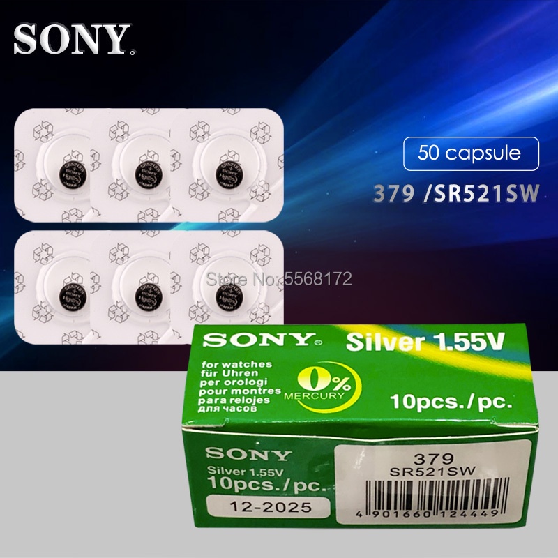 50pcs/lot For Sony 379 Original 1.55V Watch Battery 379 SR521SW D379 SR63 V379 AG0 Button Coin Cell 