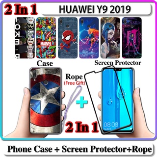 2 IN 1 เคส HUAWEI Y9 2019 เคส พร้อมกระจกนิรภัยโค้ง ป้องกันหน้าจอเซรามิค LOL และฮีโร่