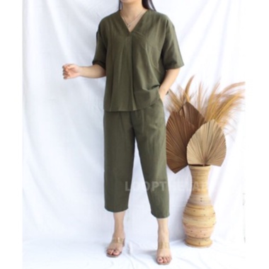 HIJAU JILLIAN SET - LINEN SET / ONE SET CASUAL / ARMY GREEN CHRISTMAS SET / สูทผู้หญิง / ชุดลินิน / 