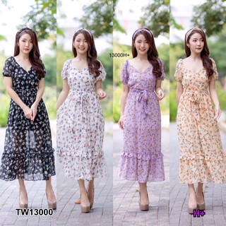 J13000 Dress เดรส ชีฟอง ลายดอก + ยางโพกผม