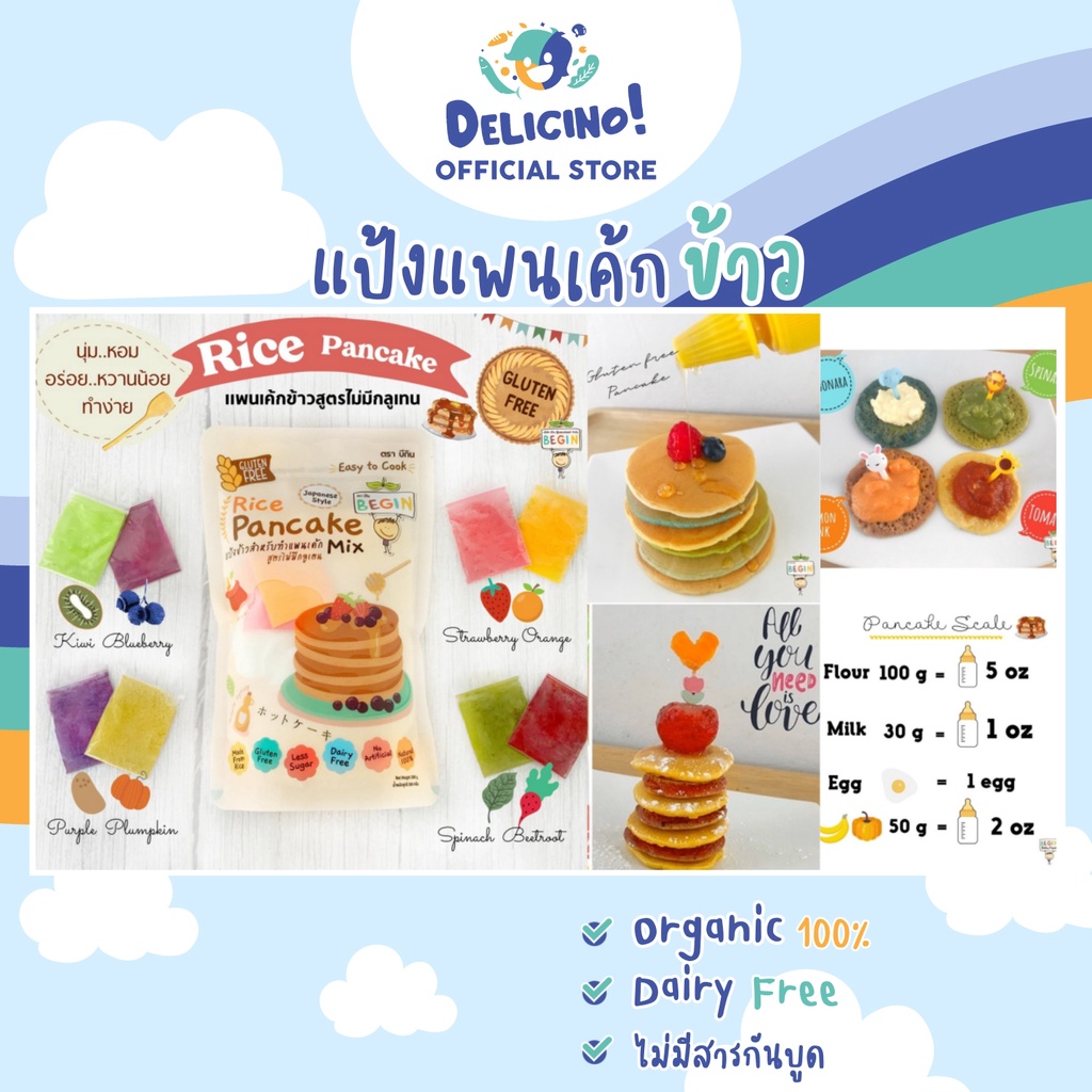 แพนเค้ก “ข้าว” กลูเทนฟรี พร้อมผงผักผลไม้ธรรมชาติ 100% นุ่ม หอม อร่อย หวานน้อย Begin Baby Food [ล๊อตใ