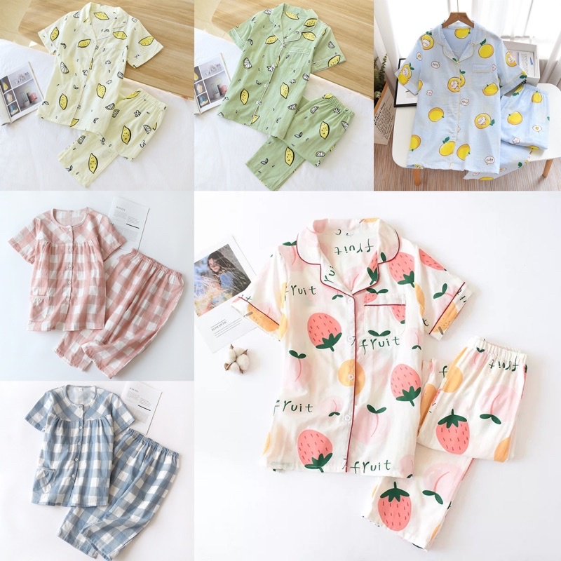 ชุดนอนผ้าฝ้ายมัสลิน เสื้อแขนสั้นกางเกงขายาวและขาสี่ส่วน 🚚พร้อมส่ง🚛