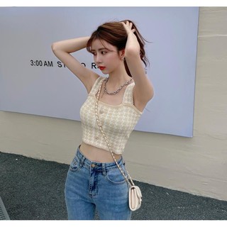 🍒Suri_official🍒เสื้อกล้าม ครอปท็อปลายสก๊อต คอเหลี่ม ผ้าไหมพรม#6733