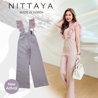 งานป้าย NITTAYA การันตีเสื้อผ้าคุณภาพ  จั๊มยาวขากระบอกสีชมพูนู้น สายเป็นสายตะเกียบระบาย ด้านหลังสามารถผูกโบว์