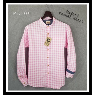 เสื้อเชิ้ตแขนยาว คอจีน ผ้า Cotton ลายสก็อตกลาง สีชมพู มีไซส์ M-2XL