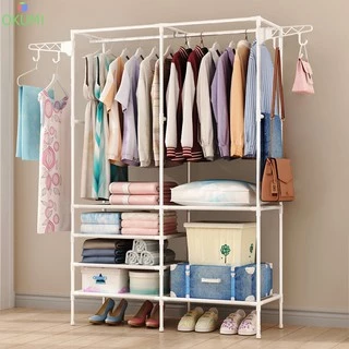 OKUMI_SHOP ราวแขวนผ้าทรงสี่เหลี่ยม ราวตากผ้า พร้อมชั้นวางของและตะขอแขวนหมุนได้360องศา (K-205)