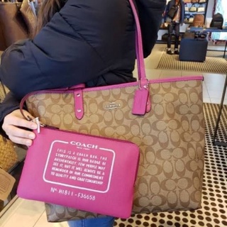 (ผ่อน0%) กระเป๋า Coach F36658 tote กลับด้านได้ ลายซีสีน้ำตาล ชมพู