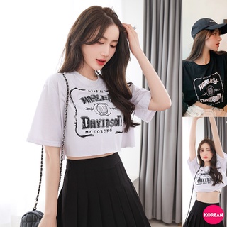 🎀Korean Fashion🎀เสื้อครอป สกรีน HARLEU เท่ๆ คอกลมแขนสั้น 2 สี