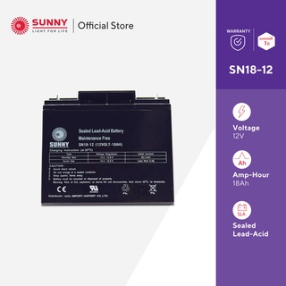 SUNNY เเบตเตอรี่เเห้ง SLA 12V 18Ah รุ่น SN18-12 Battery Sealed Lead Acid เหมาะสำหรับ ไฟสำรองฉุกเฉิน/UPS/ระบบเตือนภัย