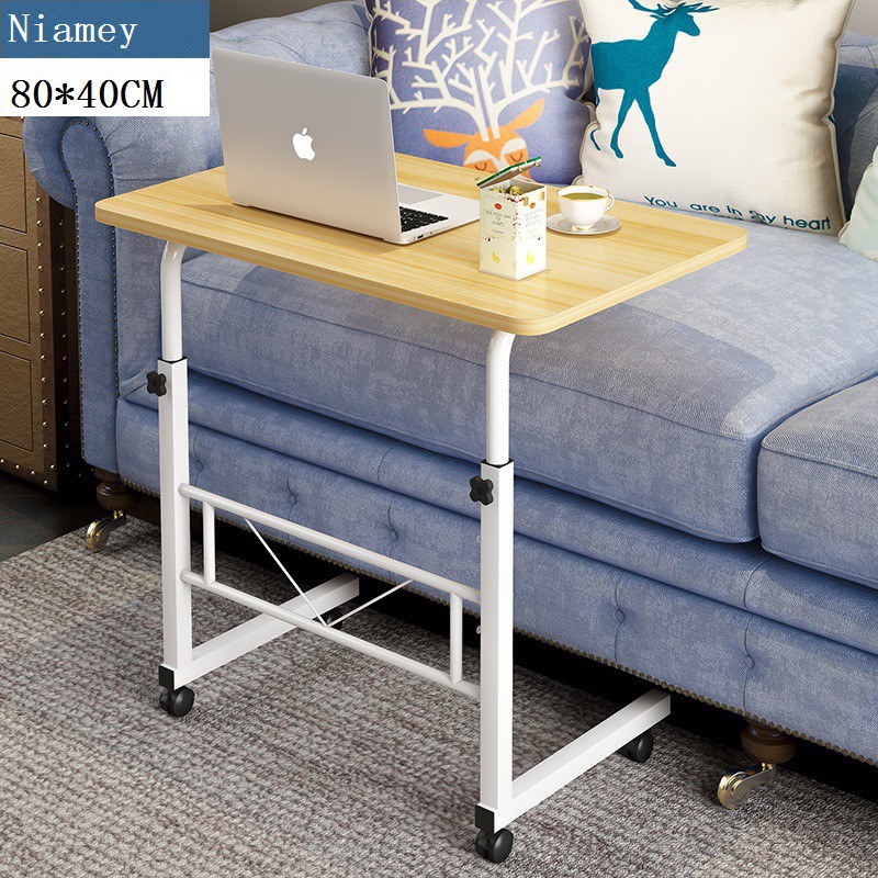 HOMEBU โต๊ะวางโน๊ตบุ๊ค โต๊ะคอม ล้อเลื่อน 80x40 CM ปรับระดับขึ้นลง 70-90 CM โต๊ะข้างเตียง ลายไม้ โต๊ะ