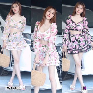 👗Pfashion [ส่งไว!!🚛] P17400 Set 2 ชิ้น เสื้อแขนสม็อคลายดอกไม้ + กระโปรงสั้นลายดอกไม้