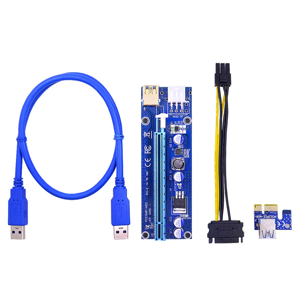 PCI-E Mining Card Riser VER009S Express 1X 4x 8x 16x Extender SATA อะแดปเตอร์ 15pin ถึง 6 พิน USB3.0