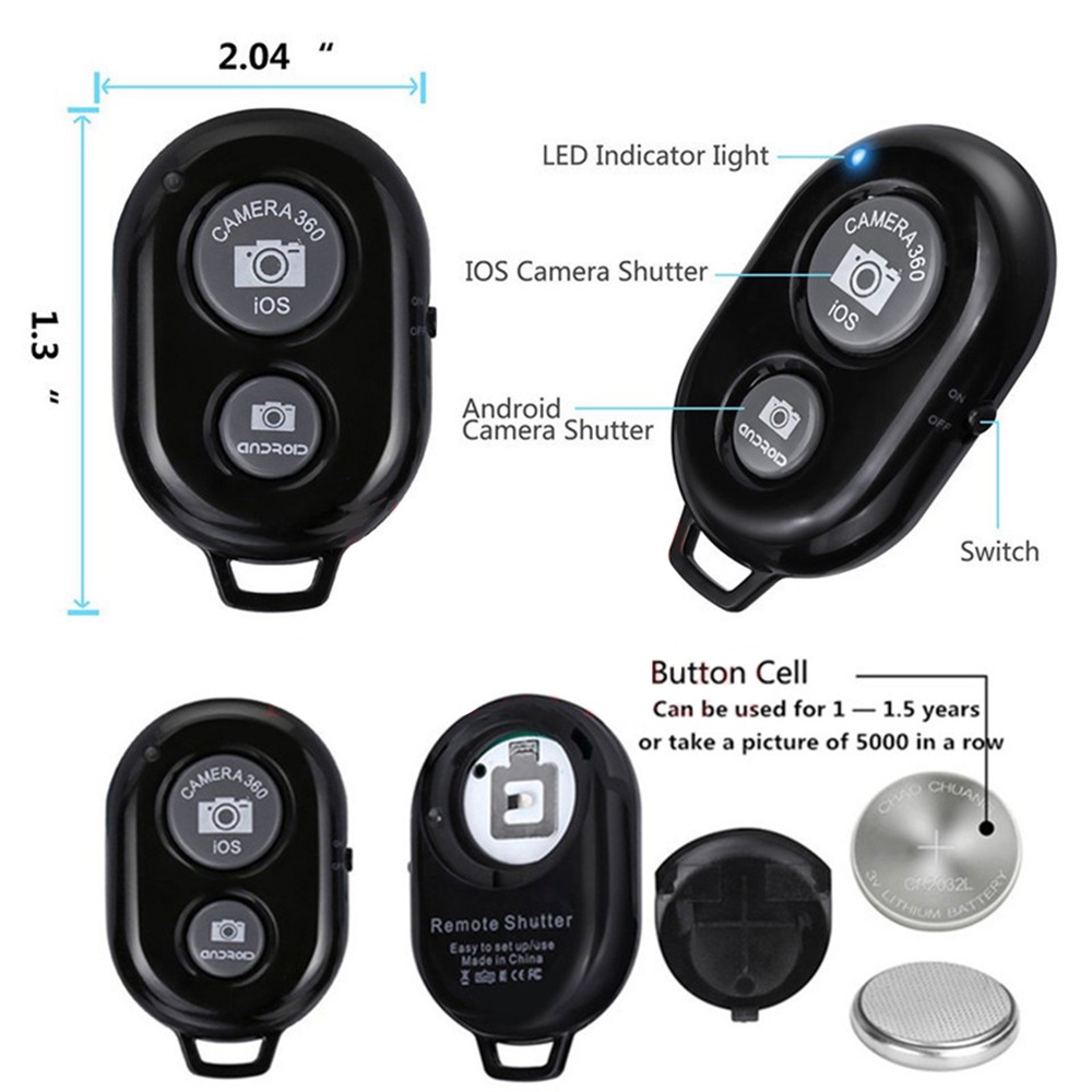 คลังสินค้าพร้อม Bluetooth Shutter Release Remote สําหรับโทรศัพท์/แล็ปท็อป/แท็บเล็ต/PC Mini Wireless Camera Shutter พร้อมแบตเตอรี่ฟรี - รูปที่ 3
