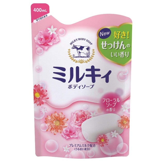 COW BRAND ครีมอาบน้ำ สูตรน้ำนม กลิ่นดอกไม้ ถุงเติม รีฟิล ชุดละ 3 ถุง ถุงละ 400 มิลลิลิตร / COW BRAND