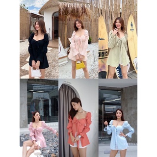 Ivy semi dress  เสื้อกึ่งเดรส อกจับจีบ เพิ่มดีเทลสายผูกโบว์ด้านหน้า ช่วงแขนแต่งสม็อค ป้าย thitiya by intuon