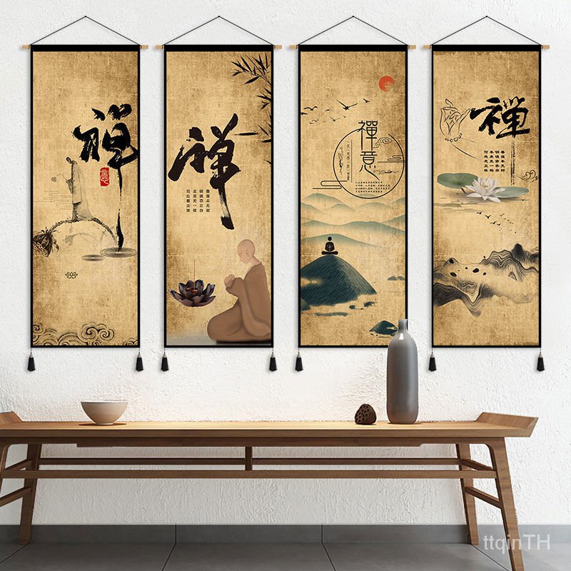 Zen Retro ผ้าฟาบริคจีนแขวนผนังห้องนั่งเล่นภาพพื้นหลังตกแต่งผนังห้องนอนเพื่อการศึกษ พระพุทธรูปจีนผ้าตกแต่งภาพวาด