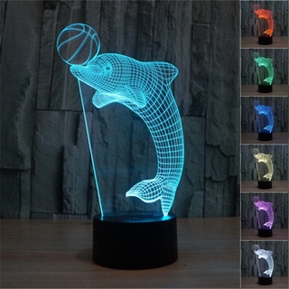 โคมไฟตั้งโต๊ะ LED รูปปลาโลมา 3D ไล่โทนสี 7 สี ชาร์จ USB