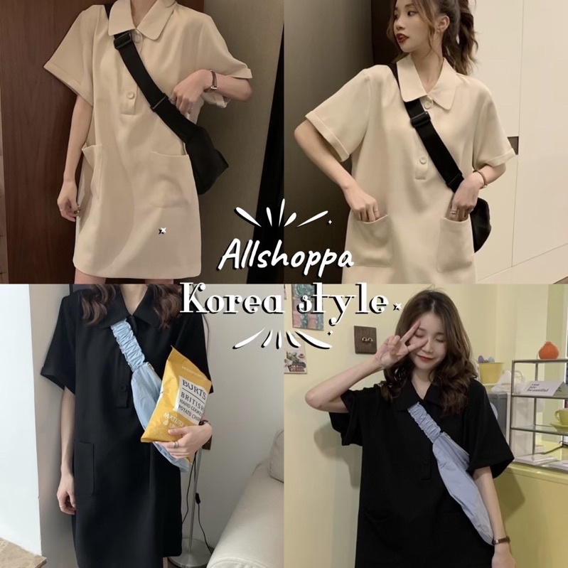 Allshoppa | ส่งทันที! Onnie Polo Oversize Dress Shirt เดรสเชิ้ต เดรสคอปกโปโล เดรสสั้นสไตล์เกาหลี