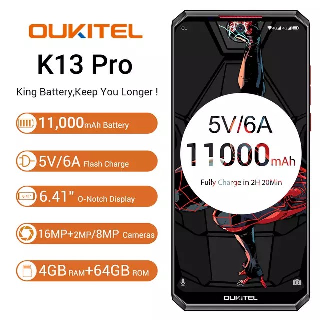 OUKITEL k13 PRO 4G กันน้ำ สมาร์ทโฟน จอ 6.41นิ้ว 4GB แรม 64GB รอม แบตอึด11000mAh แอมป์ Android 9.0