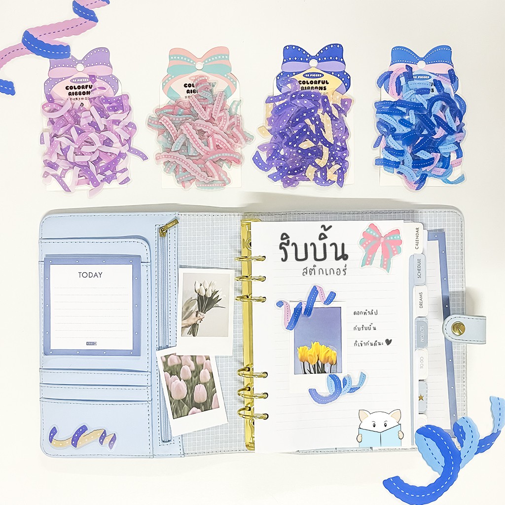 สติกเกอร์ซอง ริบบิ้น เซ็ต 40 ชิ้น The Ribbon PVC DIY Sticker Stickers Pocket สติ๊กเกอร์ ไดคัท mimisplan