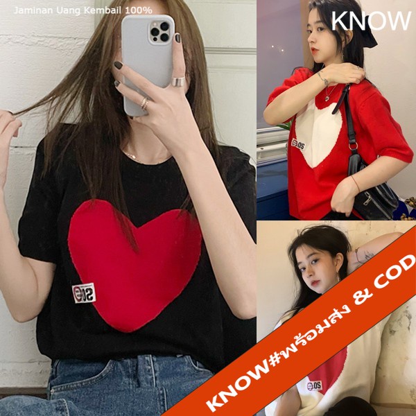 KNOW 9042 เสื้อยืดแขนสั้นไหมพรม งานพิมพ์หัวใจแขนเจ้าหญิง