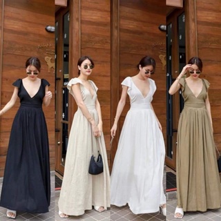 Maxi dress ผ้าลินินแท้เนื้อไม่แข็งนิ่มพริ้วใส่สบาย